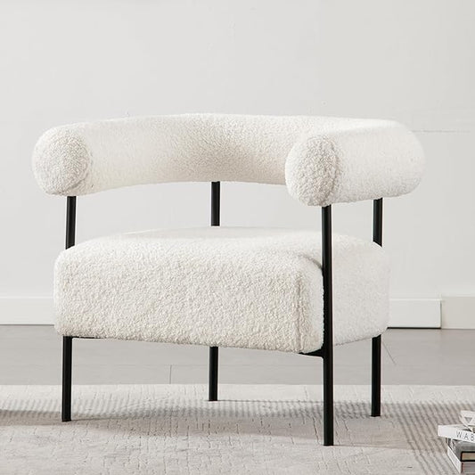 Boucle Modern Accent Chair with Curved Back, Small Living Room Vanity Chair, White Comfy Sherpa Barrel Armchair with Metal Legs & Upholstered for Bedroom, Makeup Room