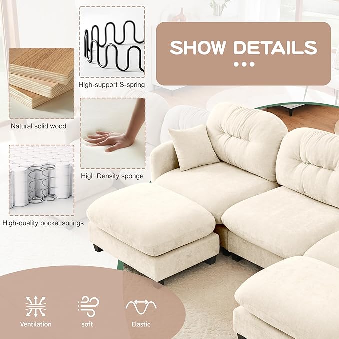 140" L Shaped Sofa for Living Room, Comfy Chenille Fabric Cloud Sectional Couch, Modern Upholstered Deep Seat Sofa with Pillow and Movable Ottoman, Oversized 4 Seater Sectional Sofa, Beige