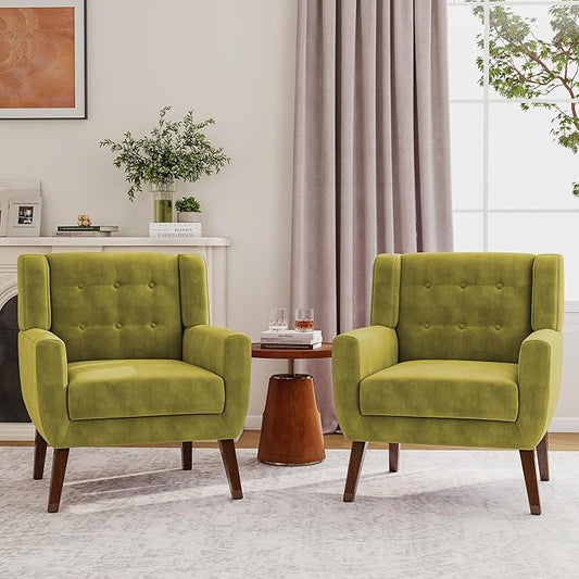 Lumibee Accent Chairs Set of 2, Velevet Fabric Armchairs for Living Room, Comfy Upholstered Arm Chairs Tufted for Indoor Bedroom Office Room (Green Velvet)
