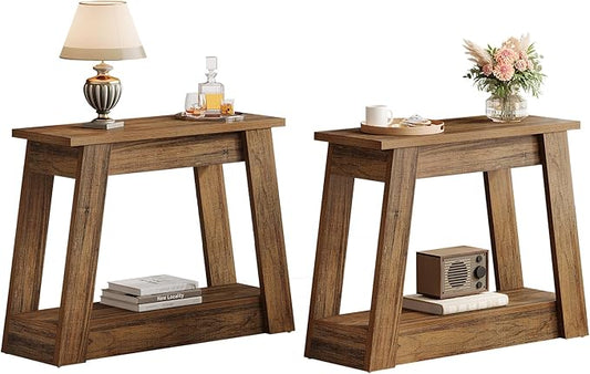 Tribesigns Wood End Table Set of 2, Small Side Table with 2 Storage Shelves, Rustic Accent Narrow Nightstand for Living Room, Bedroom (2)