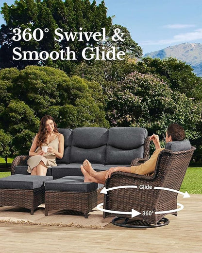 HILLGA Luxury Patio Furniture Set with 6-Inch Thick Cushions, High Back Outdoor Swivel Rocker Chairs and Patio Couch, 7-Piece All Weather Conversation Set for Porch Deck Pool Yard, Dark Grey (V3)