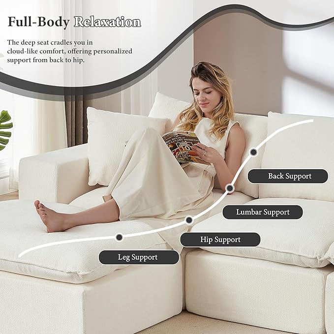 108" Sectional Couches for Living Room Boneless Couch Upholstered Cloud Couch Sectional Modular Sectional Sofa with L Shaped (Chenille-White, 3 Seat+1 Ottoman)