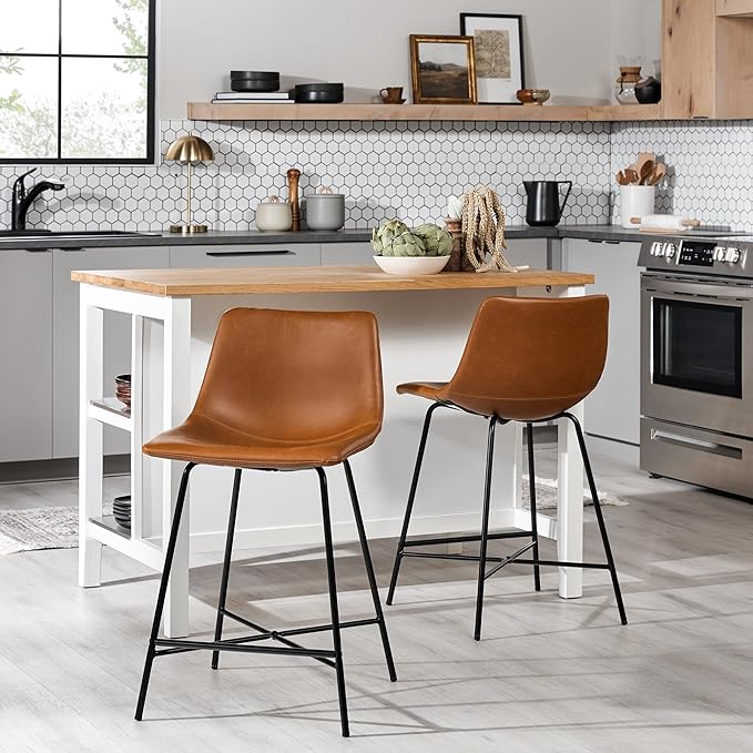 Walker Edison Xuma Modern Faux Leather Armless Low Back Counter Stool, Set of 2, Whiskey Brown