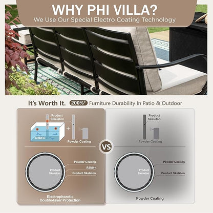 PHI VILLA 8 Piece Outdoor Patio Furniture Set with 1 x 45 FirePit Table, 1 x 72 Deep Seating Sofa Bench, 2 x C-Base Sofa Chairs, 2 x Armrest Legs Chair and 2 x Metal Cushioned Ottoman