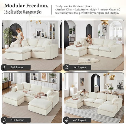 108" Sectional Couches for Living Room Boneless Couch Upholstered Cloud Couch Sectional Modular Sectional Sofa with L Shaped (Chenille-White, 3 Seat+2 Ottoman)