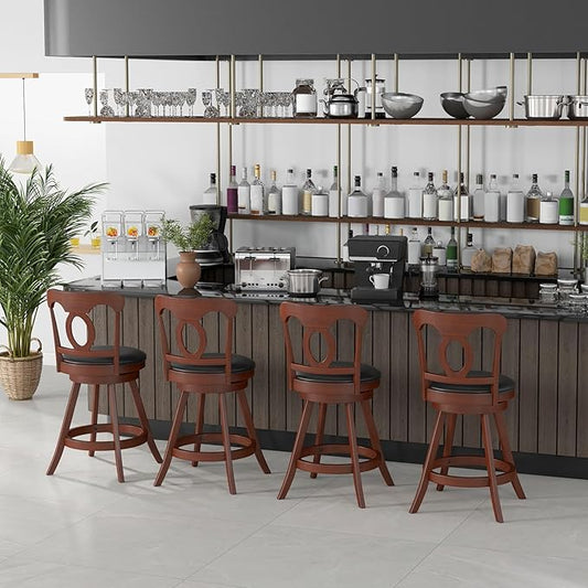 COSTWAY 2 PCS Bar Stools, 24 Inch Swivel Counter Height Chairs with Ergonomic Back & Footrest, Vintage Wooden Barstool Set for Kitchen Island, Pub, Bistro, Café, Espresso (4, 24 Inch)
