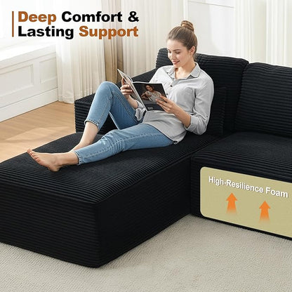 Modular Sectional Cloud Couch for Living Room,Modern Boneless Couche Set with Plush Corduroy,Comfy Floor Sofa with Memory Foam,Stupendous U Shaped Sofa,No Assembly Required,Black