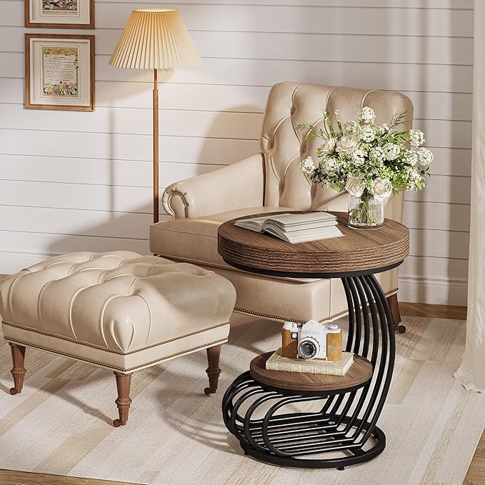 Tribesigns Round End Table, 2-Tier Farmhose Wood Side Table with Shelf Storage, Small Sofa Side Bedside Nightstand, Arc-Shaped Frame Accent Furniture for Living Room, Light Brown