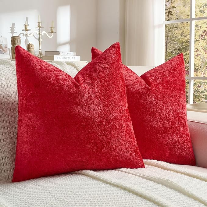 FUTEI Christmas Red Flannel Throw Pillow Covers 20x20 Inch Set of 2,Soft Dimensional TextuChristmas Red Cushion Cases,Modern Home Decor for Couch Living Room