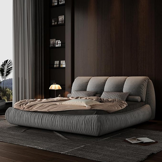King Size Upholstered Platform Bed with Oversized Padded Backrest and Solid Wood Frame for Bedroom, Apartment Room, Gray