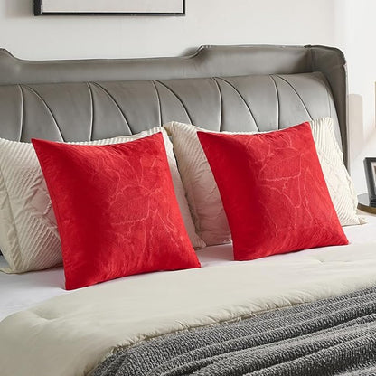 FUTEI Christmas Red Velvet Throw Pillow Covers 26x26 Inch Set of 2,Soft Embossed Leaf-Relief Textured Euro Pillow Shams,Natural Home Decor for Couch Living Room