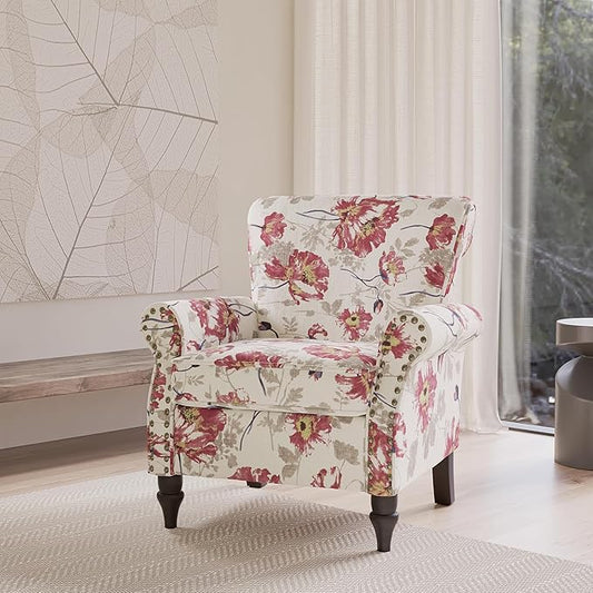 Accent Chair, Upholstered High Back Floral Armchair with Nailhead Trim & Wood Legs, Comfy Wingback Reading Single Sofa Chair for Small Spaces, Living Room, Bedroom-White Floral, Set of 1
