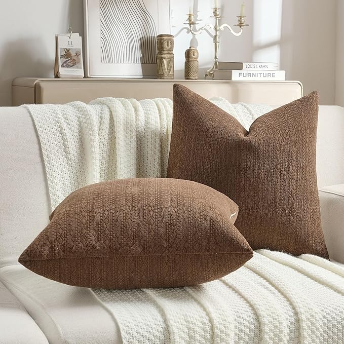 FUTEI Dark Brown Chenille Throw Pillow Covers 16x16 Inch Set of 2,Soft Striped & Diamond Textured Cushion Cases,Modern Home Decor for Couch Living Room