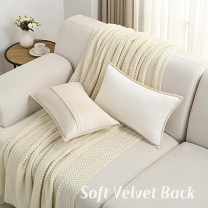 FUTEI Cream White Chenille Throw Pillow Covers 12x20 Inch Set of 2,Soft Cozy Bound Edge Design Lumbar Pillow Cases,Home Decor for Couch Bed Living Room