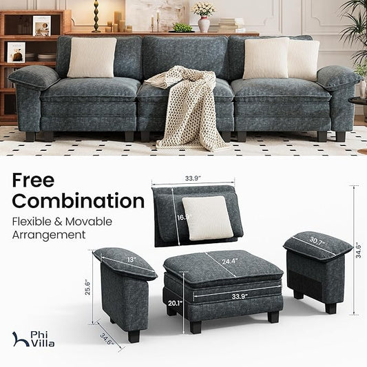 PHI VILLA Modern Modular Couches Sets, 123.6" Cloud Sectional Sofa with Upholstered Deep Seat, 3-Seater Couch for Living Room Small Spaces, Chenille Fabric, Dark Cyan