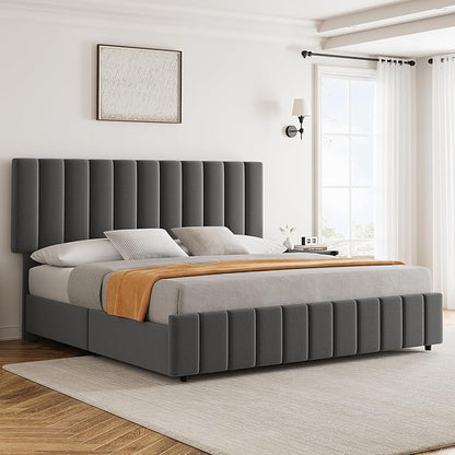Garvee Queen Size Bed Frame with 4 Storage Drawers, Adjustable Height Headboard, Linen Upholstered Platform Bed Frame, No Box Spring Needed, Easy Assembly, Grey