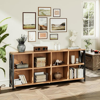 63" 8 Cube Horizontal Bookshelf Long Bookshelf Wood Cube Storage Organizer Rustic Wood Cubby Bookcase for Living Room Walnut