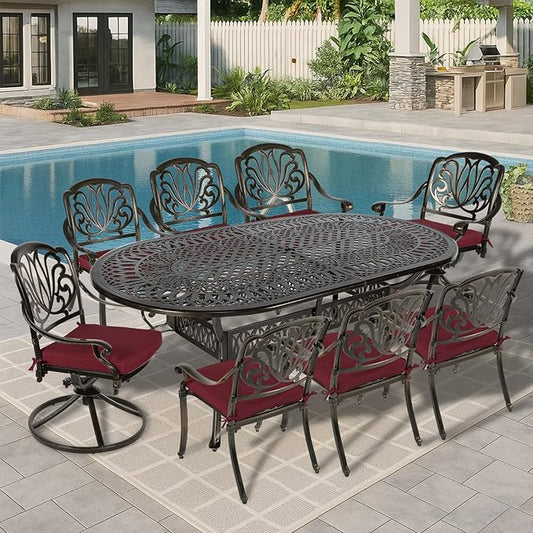 MEETWARM 9-Piece Outdoor Patio Dining Set, All-Weather Cast Aluminum Patio Conversation Set with 2 Swivel Rocker Chairs, 6 Stationary, 1 Oval Table, 8 Cushions, 2" Umbrella Hole, Chili Red