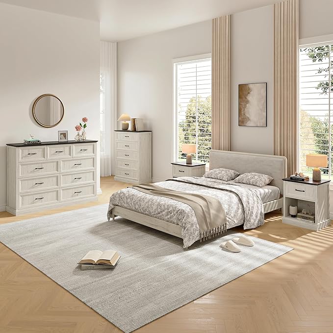 Farmhouse Dresser and Nightstand Sets, 4Pcs Bedroom Furniture Set, Nightstand Set of 2 & 55" Wide 9 Drawer and 44" Tall 5 Drawer Dresser with Large Drawers & Bar Handles, White