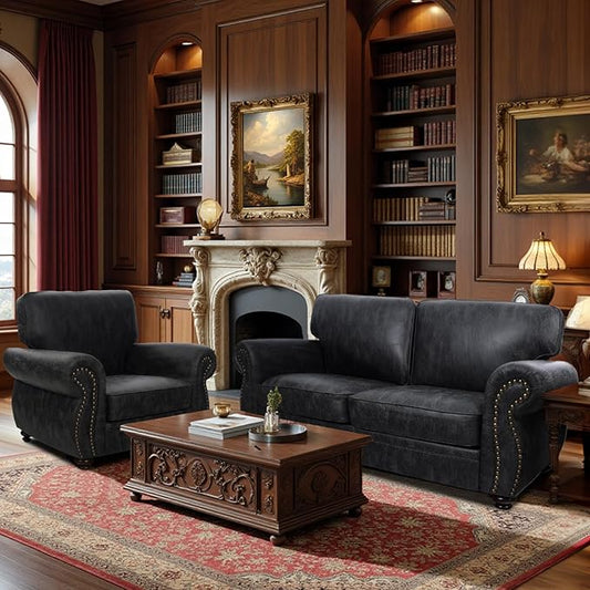 Living Room Furniture Sets,Mid-Century Vintage Sofa Couches with Rivet Design (Grey, Single+Loveseat)