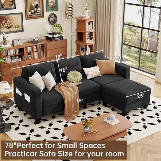 ZeeFu Sectional and Sofa Couches for Living Room - 78'' 3 Seater L-Shaped Modular Couch with Storage Ottoman - Modern Velevt Fabric Upholstered Sofa Set for Small Space Apartment Office