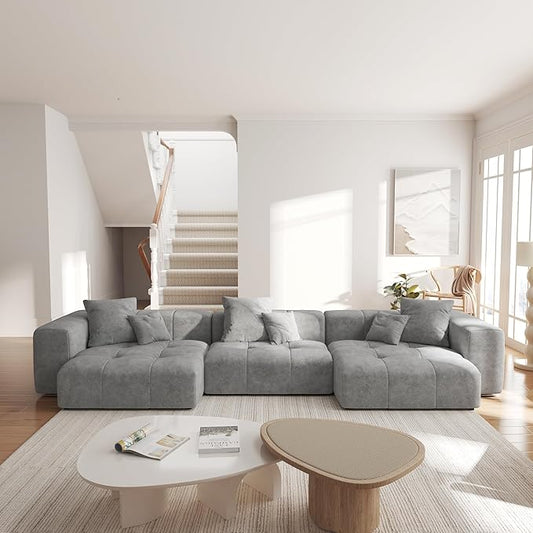 WJShome 144" Sectional Couches for Living Room,Modular Sectional Sofa, U Shaped Couch, Linen Deep Seat Cloud Couches with Pillow for Living Room,Gray