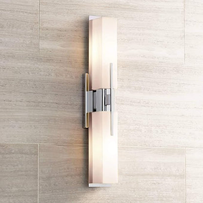 Possini Euro Design Midtown Mid Century Modern Wall Mount Light Chrome Silver Metal 23 1/2" Wide 2-Light Vanity Fixture Rectangular White Glass Shades Decor for Bathroom Over Mirror House Home
