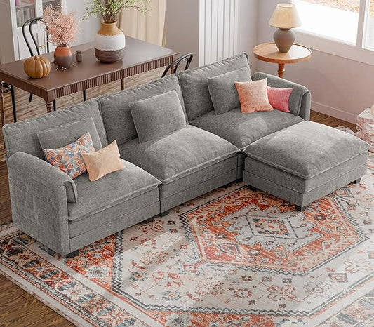 ELUCHANG 113" Modular Sectional Sofa, Comfy Cloud Couch, L Shaped Deep Seat Sofa Couches for Living Room, 4-Seater Modern Sofa with Movable Ottoman, DIY Combination - Chenille Light Grey