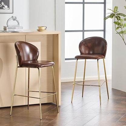Christopher Knight Home Kira Indoor Upholstered Barstool with Metal Frame Set of 2, Bar Chairs Kitchen Stools, Comfy Faux Leather Bar Seating for Island Kitchen, 29.5''Seat Height, Dark Brown+Gold