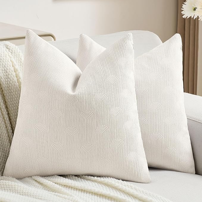FUTEI Cream Chenille Decorative Throw Pillow Covers 24x24 Inch Set of 2,Soft Cozy Striped Geometric Patterns European Cushion Cases,Modern Home Decor for Couch Bed Living Room