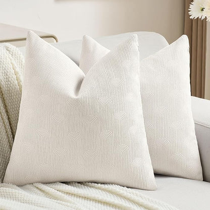 FUTEI Cream Chenille Decorative Throw Pillow Covers 24x24 Inch Set of 2,Soft Cozy Striped Geometric Patterns European Cushion Cases,Modern Home Decor for Couch Bed Living Room