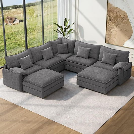 Vesgantti 108" V-Shaped Corner Couch Sectional, 7 Seat Customizable Modular Cloud Couches with Movable Ottoman, Chenille Deep Seat Sofa Set with Chaise for Living Room, Bedroom and Apartment, Gray