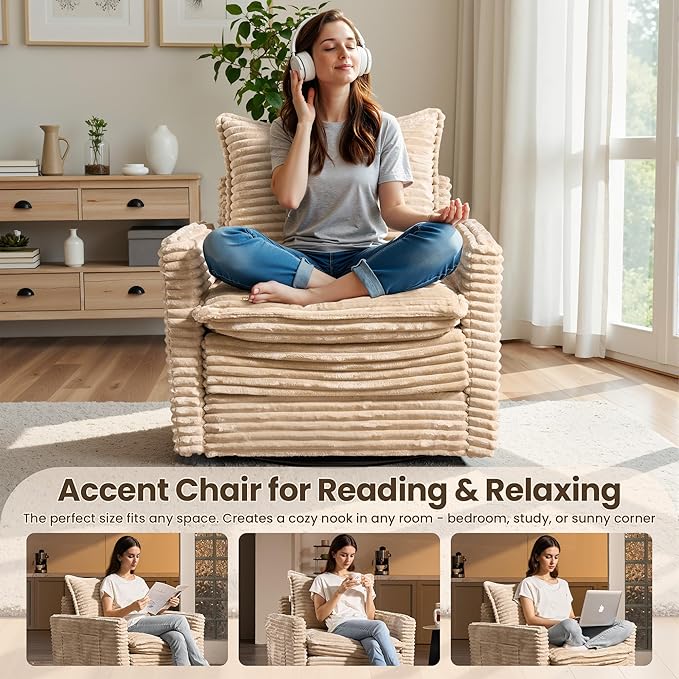 98" Modular Sectional Sofa with Swivel Chairs, Modern Cloud Couch Plush Corduroy 3 Seater Deep Seat Sofas Set & Accent Armchair Set of 2 for Living Room, Beige
