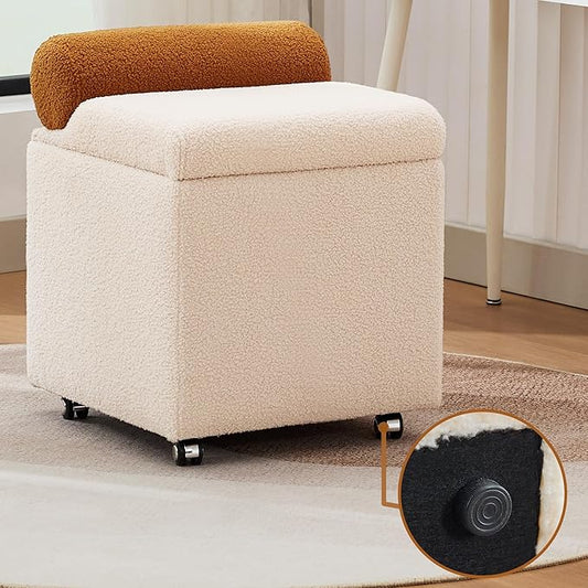 Boucle Vanity Chair with Storage, Swivel Makeup Vanity Chair with Wheels & Safety Hinge, Upholstered Vanity Stool Ottoman for Bedroom, Dressing Room, Beige