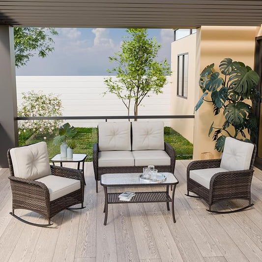 COOS BAY Vintage Courtyard Patio Furniture Set, Wicker Outdoor Furniture, Patio Conversation Sets, 2 Rocking Chairs, Loveseat, Coffee Table and Side Table, 5 Pieces, Gray/Beige