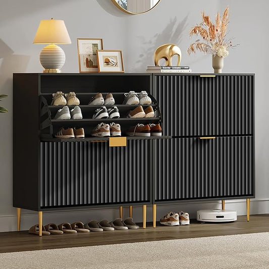 SICOTAS Fluted Shoe Cabinet Storage for Entryway with 4 Flip Drawers-11.8"Deep Frestanding Shoe Organizer Cabinet with 6-tier Shelves, Large 40 Pairs Shoes Rack Cabinet for Foyer Hallway, Black, 2PCS