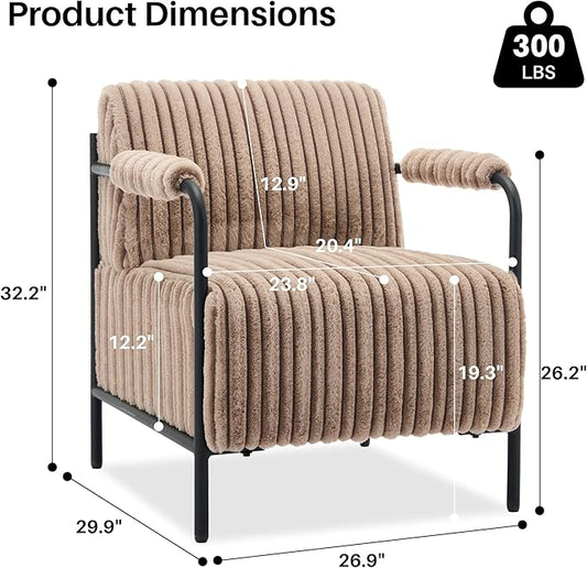 Modern Accent Lounge Chair Velvet Tufted Textured Upholstery Vertical Stitching Metal Frame Ergonomic Reading Chair for Living Room Bedroom Stylish Compact Cozy Design (Light Brown)