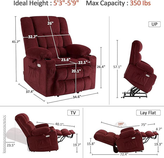 MCombo Dual Motor Power Lift Recliner Chair with Massage and Heat for Elderly People, Infinite Position, USB Ports, Cup Holders, Fabric 7890 (Medium, Burgundy)