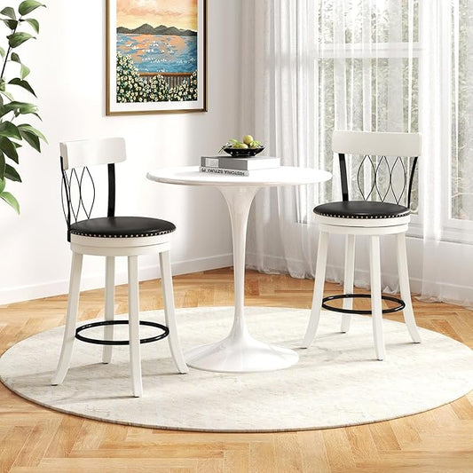 COSTWAY Bar Stools Set of 2, 26” Seat Height Swivel Barstools with Ergonomic Backrest, Soft Cushion & Footrest, Rubber Wood Counter Height Bar Chairs Upholstered Dining Chairs for Kitchen Island