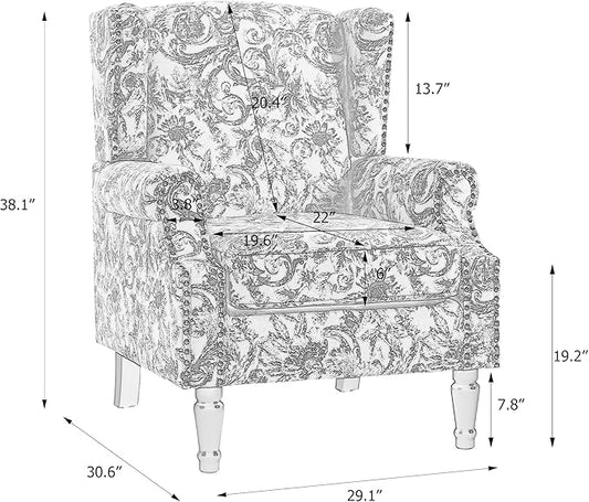Accent Chair, Upholstered High Back Floral Armchair with Nailhead Trim & Wood Legs, Comfy Wingback Reading Single Sofa Chair for Small Spaces, Living Room, Bedroom