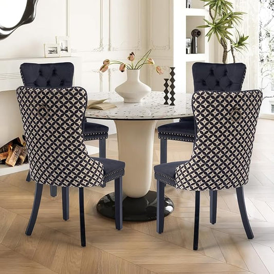Velvet Upholstered Dining Chairs Set of 4, Modern Style Kitchen Side Chairs with Nailhead Trim and Wood Legs,Metal Pulling Ring for Dining Room Living Room(Quadrangular Star&Black)