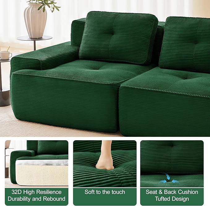 80.3” Green Boneless Couches for Living Room, Modular Sectional Sofa with L-Shape Chaise, 2 Seater Comfy Upholstered Loveseat Deep Seat Corduroy Fabric Cloud Couch No Assembly, Anti-Slip Design