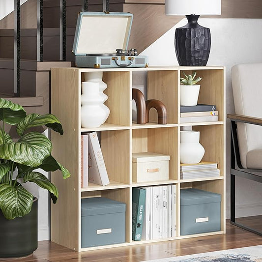 Signature Design by Ashley Piperton Contemporary 3-Tier Floor Standing 9 Cube Organizer for Living Room, Wood, Works with 10.5 W x 10.5 D x 11 H Storage Bin (Sold Separately), Light Brown