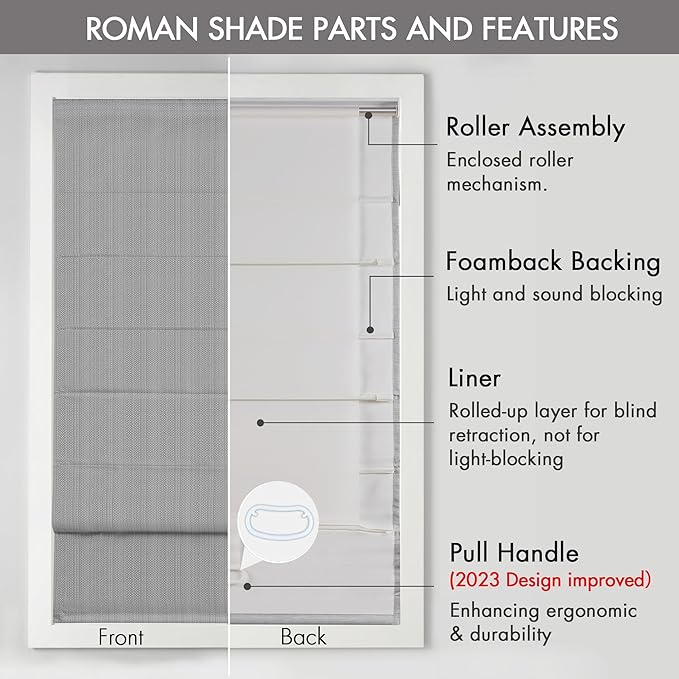 Madison Park Galen Cordless Roman Shade, 39"W x 64"H, Sheen Grey – Room Darkening, Thermal Insulated, Energy Efficient Window Blind with Subtle Sheen Basketweave Fabric for Privacy