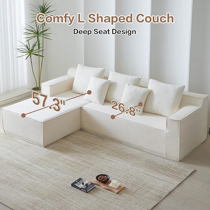 Boneless Couch Sectional, Comfy Memory Foam Sofa in a Box, Modern Cloud Couch with 5 Headrests, Comfy L-Shape Sofa for Living Room (White, Velvet)