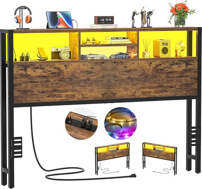 Aheaplus Headboard for Queen Size Bed with Storage, Headboards with Outlets, USB Ports and LED Light, Queen Head Board Only, Height Adjustable, Reversible, Sturdy and Stable Headboard, Rustic Brown