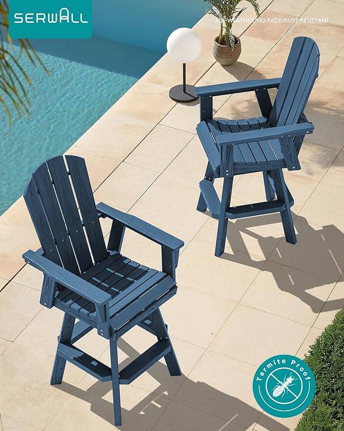 SERWALL 10-Piece Swivel Adirondack Bar Set, HDPE Swivel Bar Height Chairs Set of 8 with 2 Bar Tables, All-Weather Outdoor Barstools for Patio, Poolside, Garden, Blue
