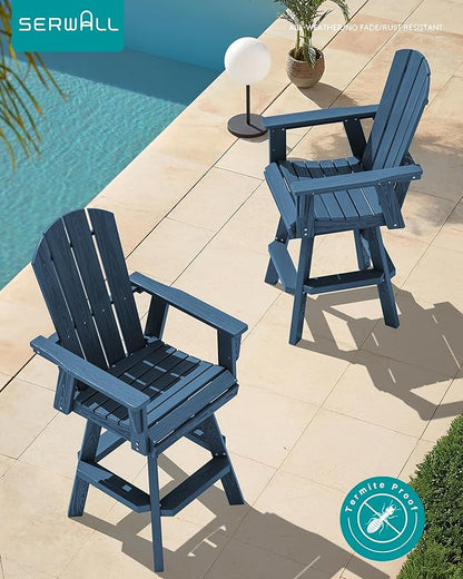 SERWALL Swivel Adirondack Bar Chairs Set of 2, HDPE Outdoor Swivel Barstools Chairs Set of 2 for Bistro, Poolside, Garden, Blue