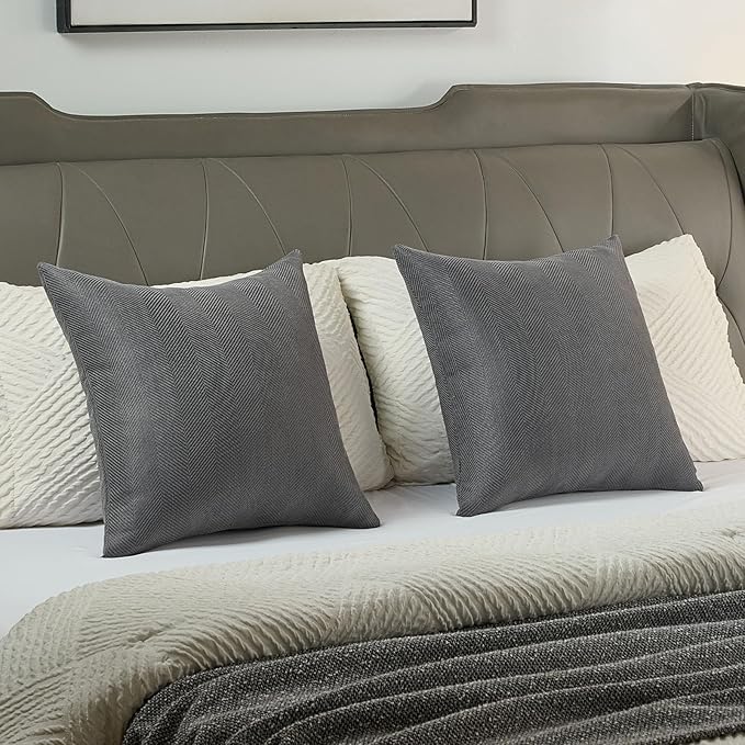 FUTEI Dark Grey Chenille Throw Pillow Covers 18x18 Inch Set of 2,Soft Wide Chevron Textured Cushion Case,Farmhouse Home Decor for Couch Bed Living Room