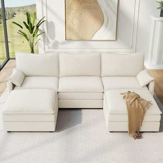 Vesgantti 108" U Shaped Sectional Couch, Comfy Cloud Modular Sectional Sofa with 2 Ottoman Deep Seat Chenille Modern Cloud Sofa, Modular Sofas for Living Room, Bedroom and Apartment, Creamy Beige